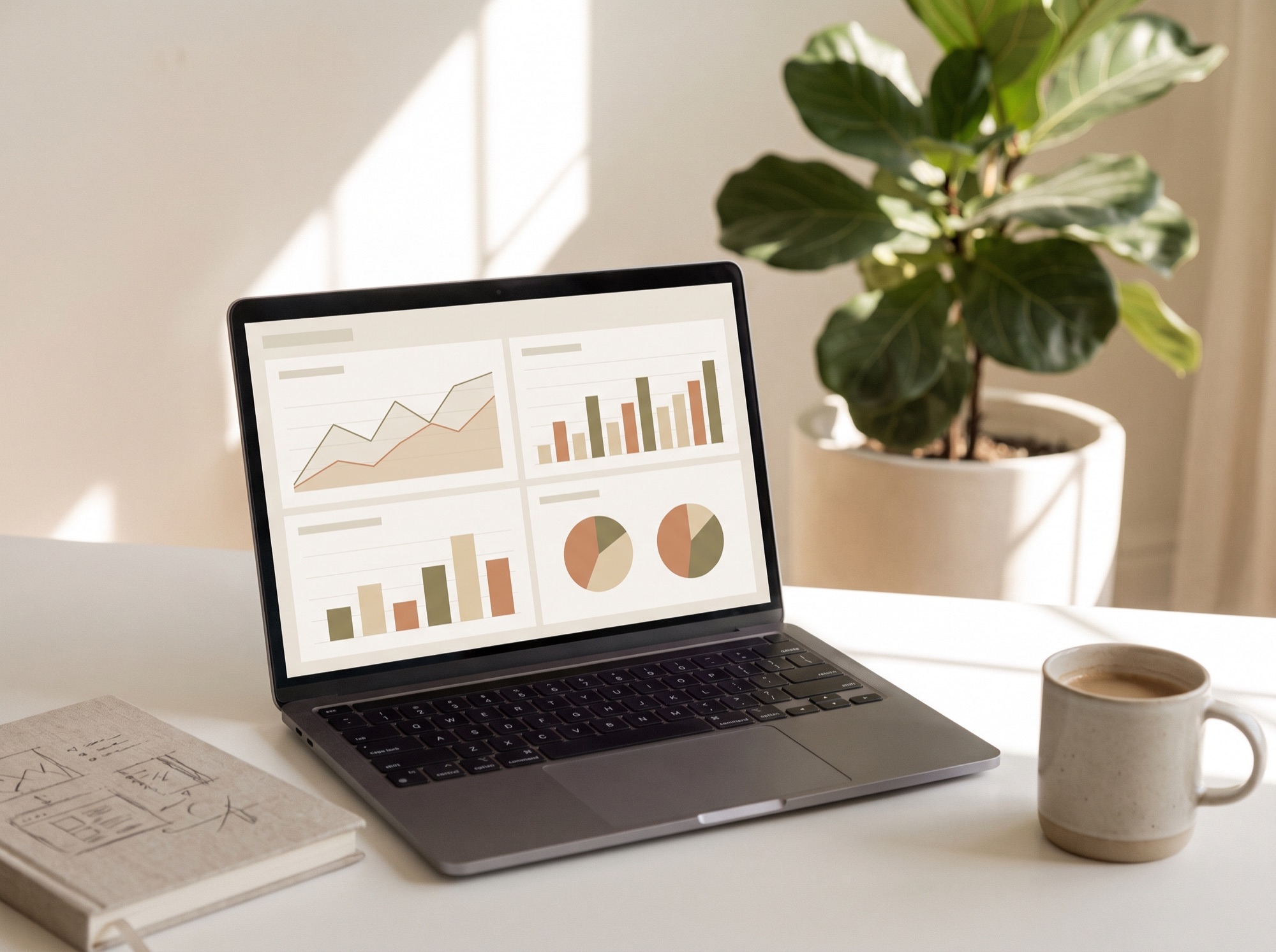 Laptop showing a clean analytics dashboard on a studio desk
