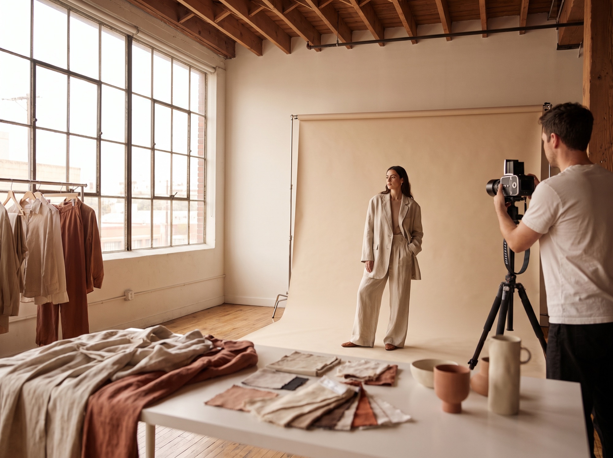 Fashion editorial photoshoot on a paper backdrop in a loft studio