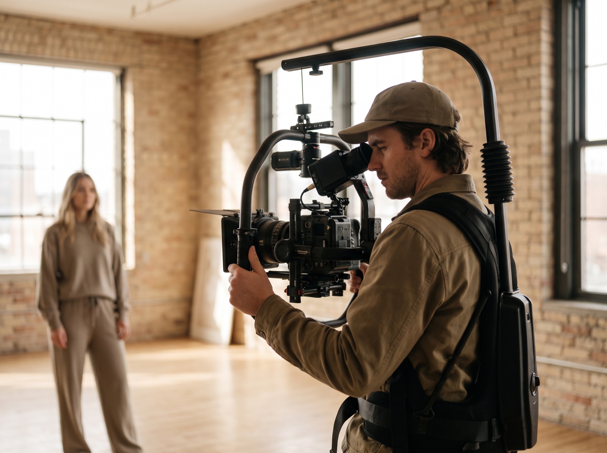 Cinema camera on a gimbal filming a brand film in a loft studio