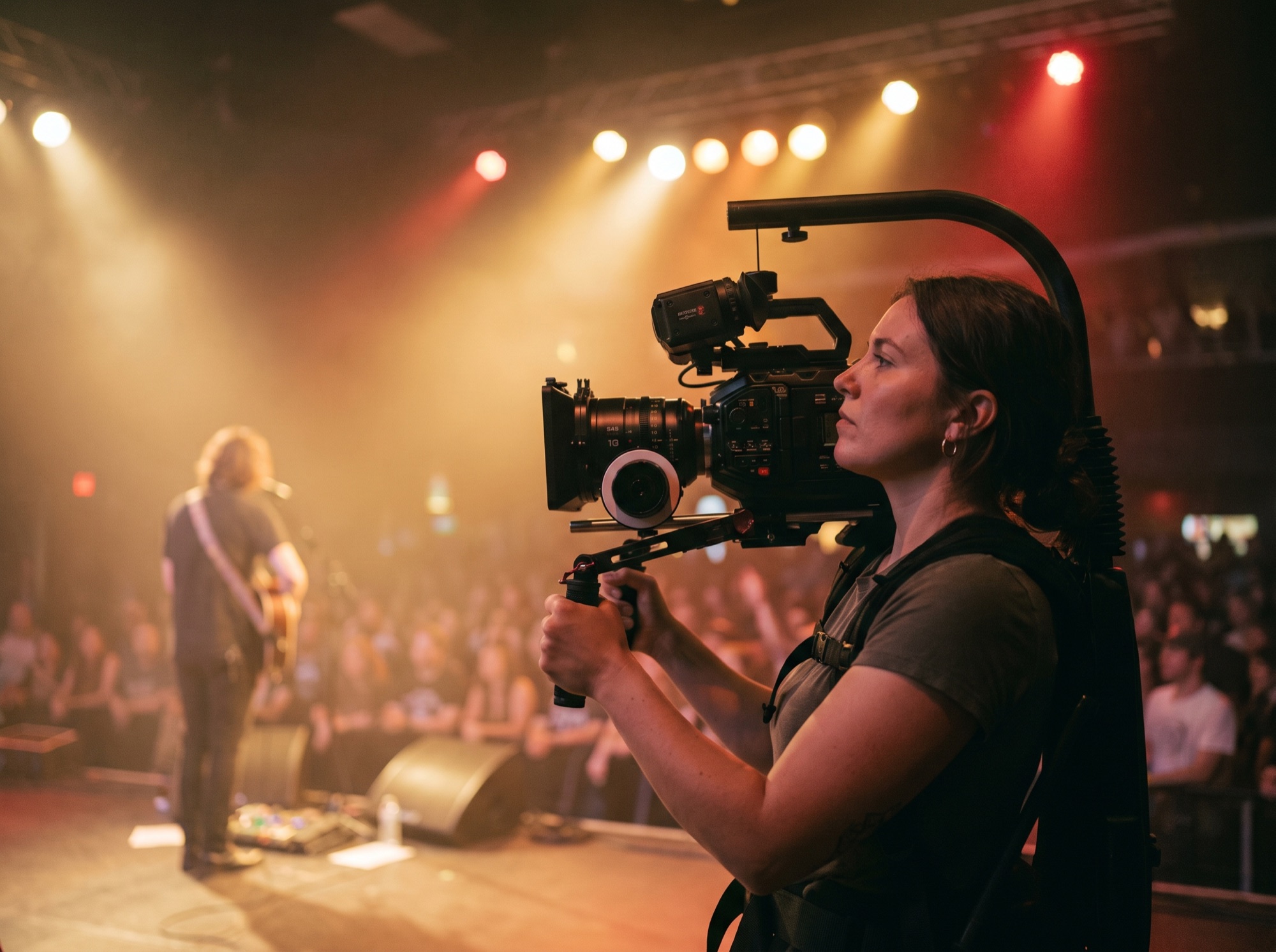 Videographer filming a live event with warm stage lighting