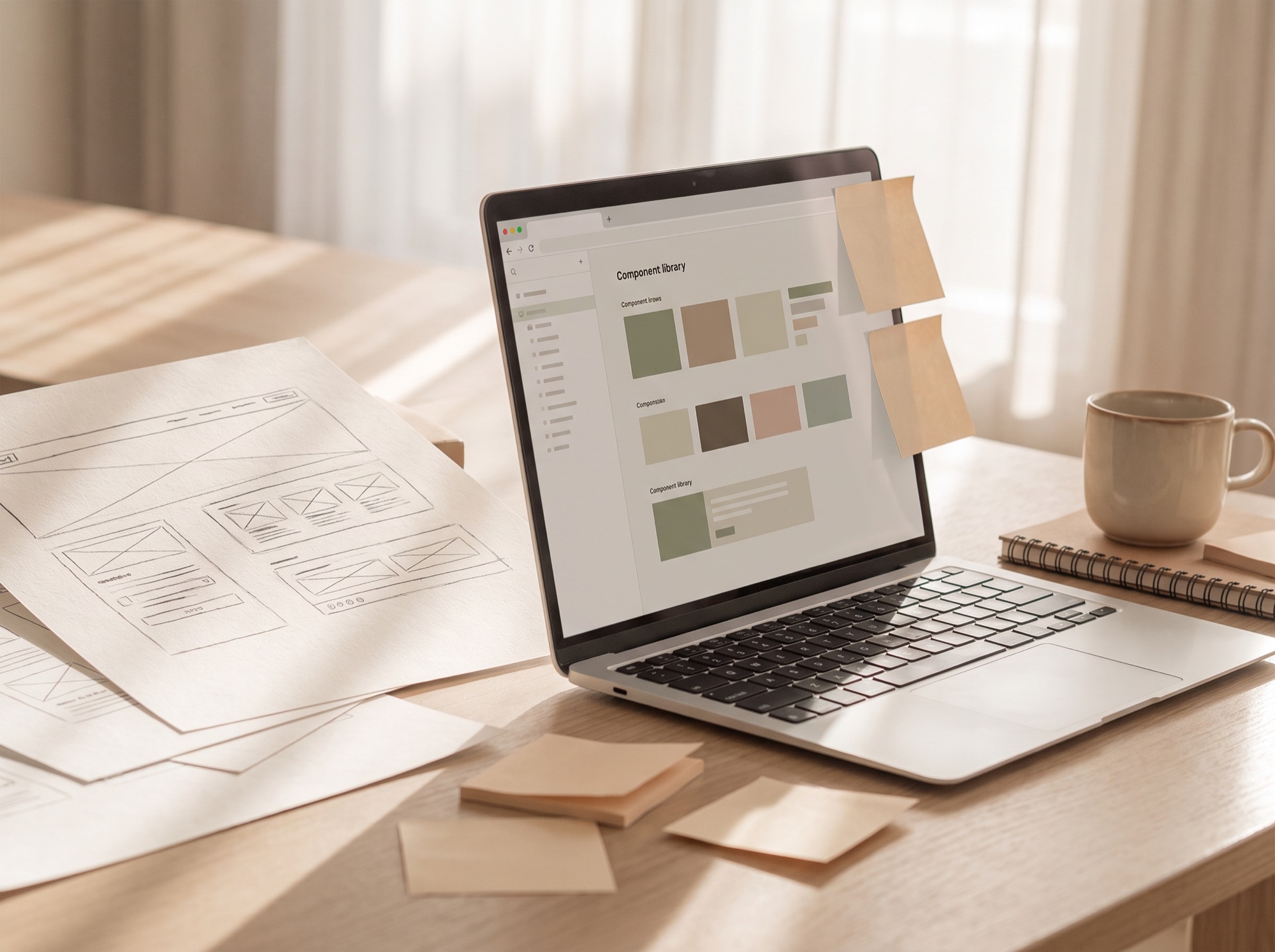 Designer desk with wireframe sketches and a component design system