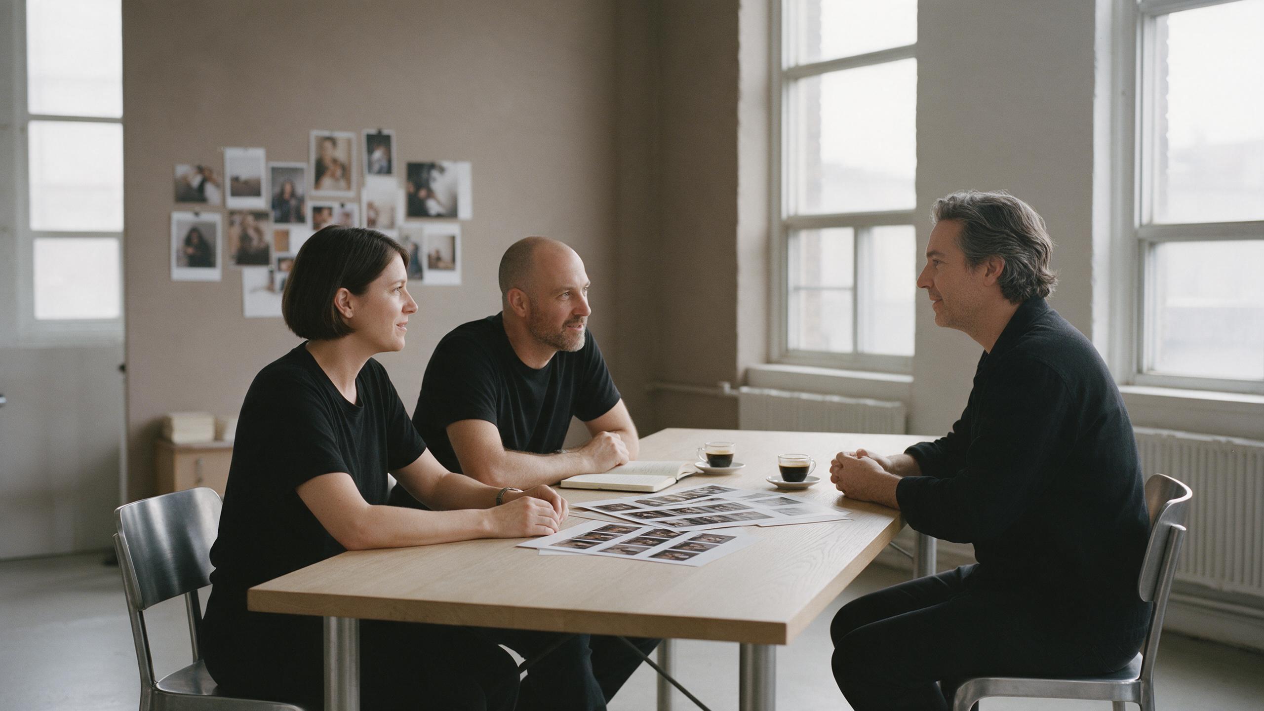 Two creative directors in a consultation with a client at a long oak table in a loft studio