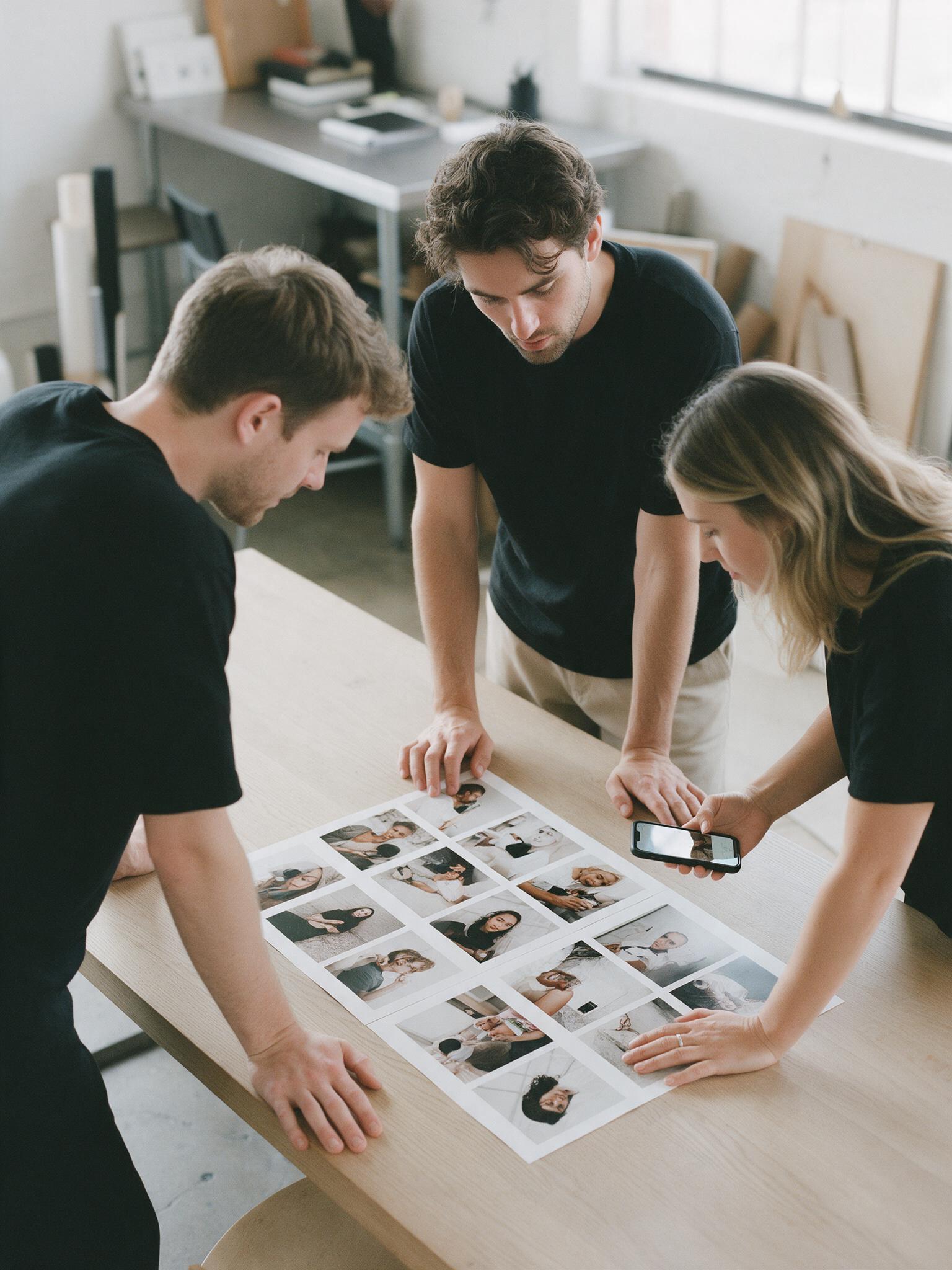 Three creatives reviewing a grid of printed social photos on an oak table