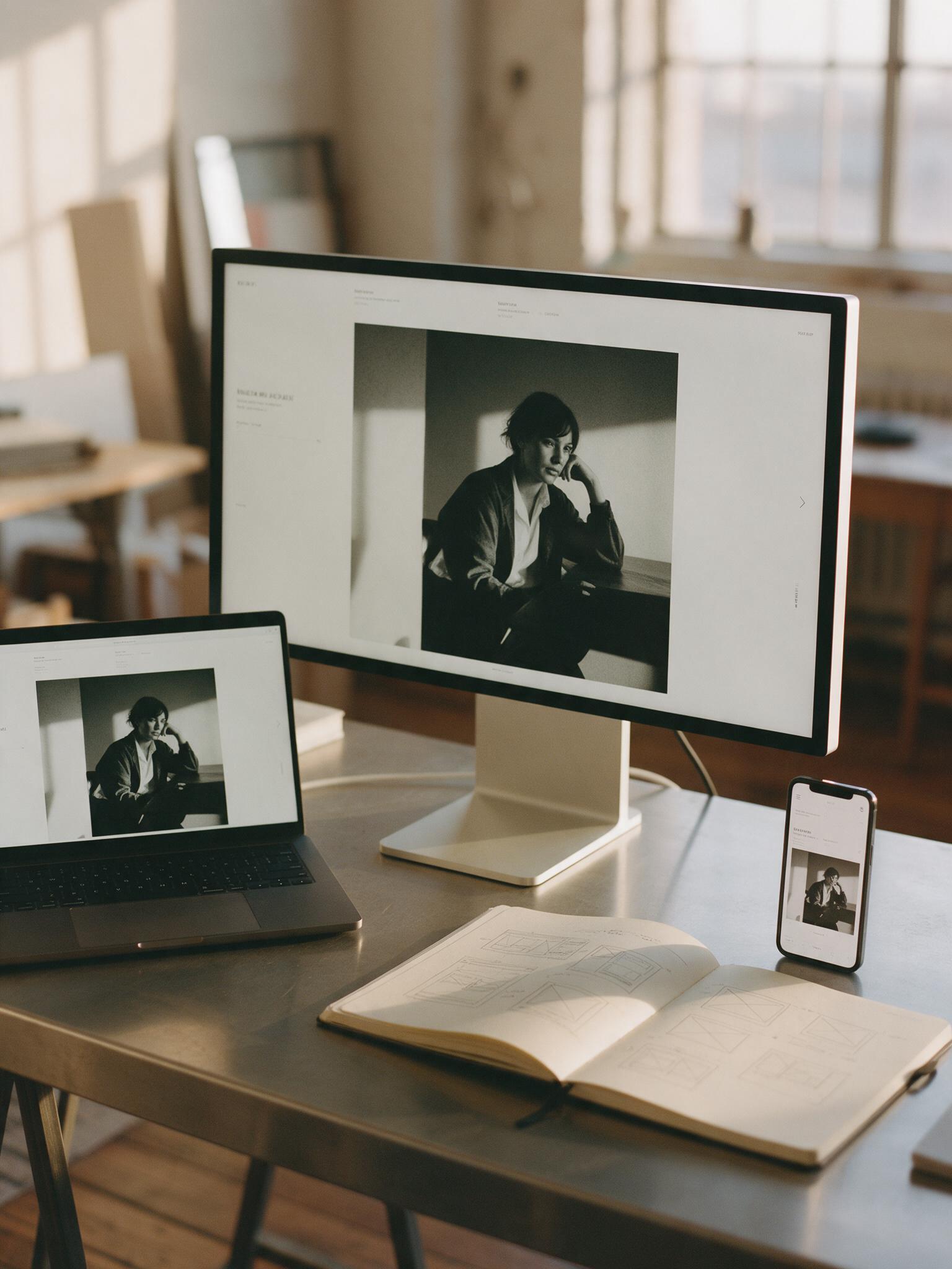 Designer desk with a minimal editorial website on a monitor, laptop and phone