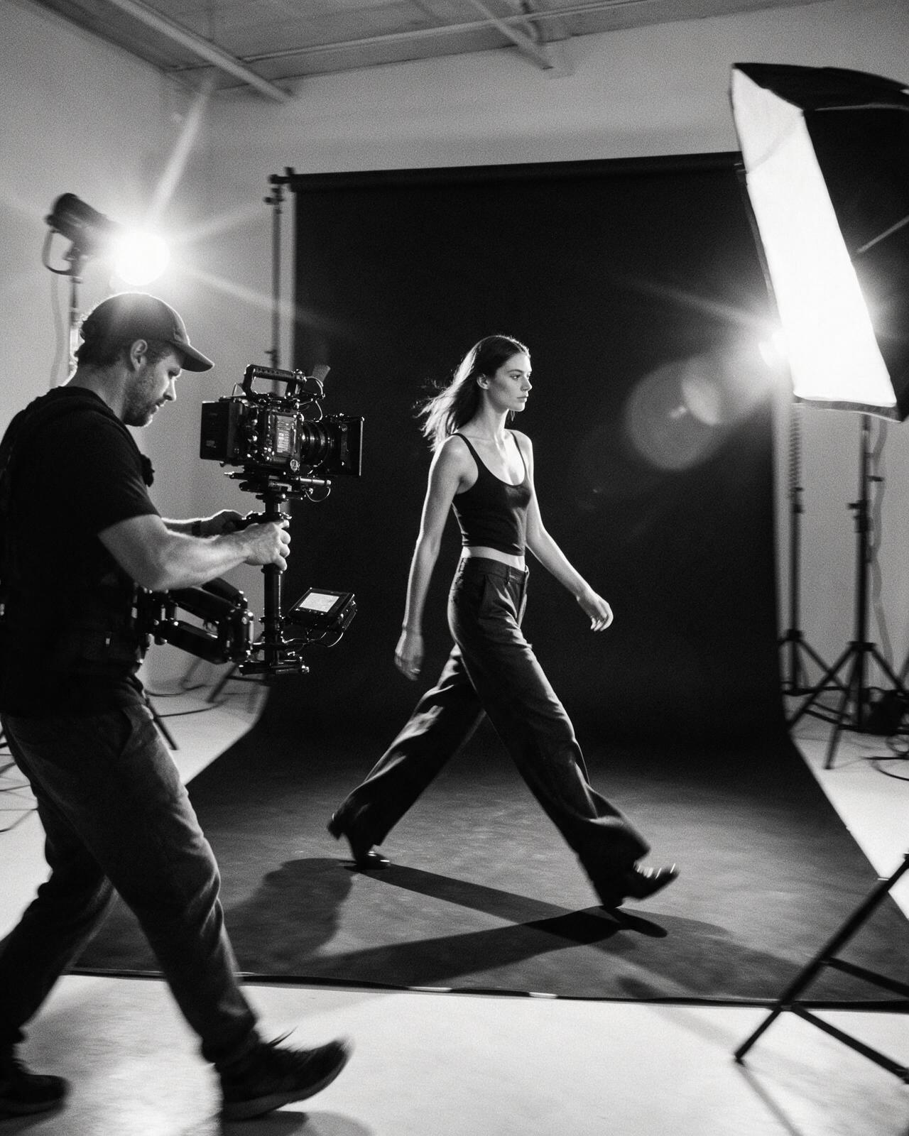 A videographer filming a model on a black cyclorama