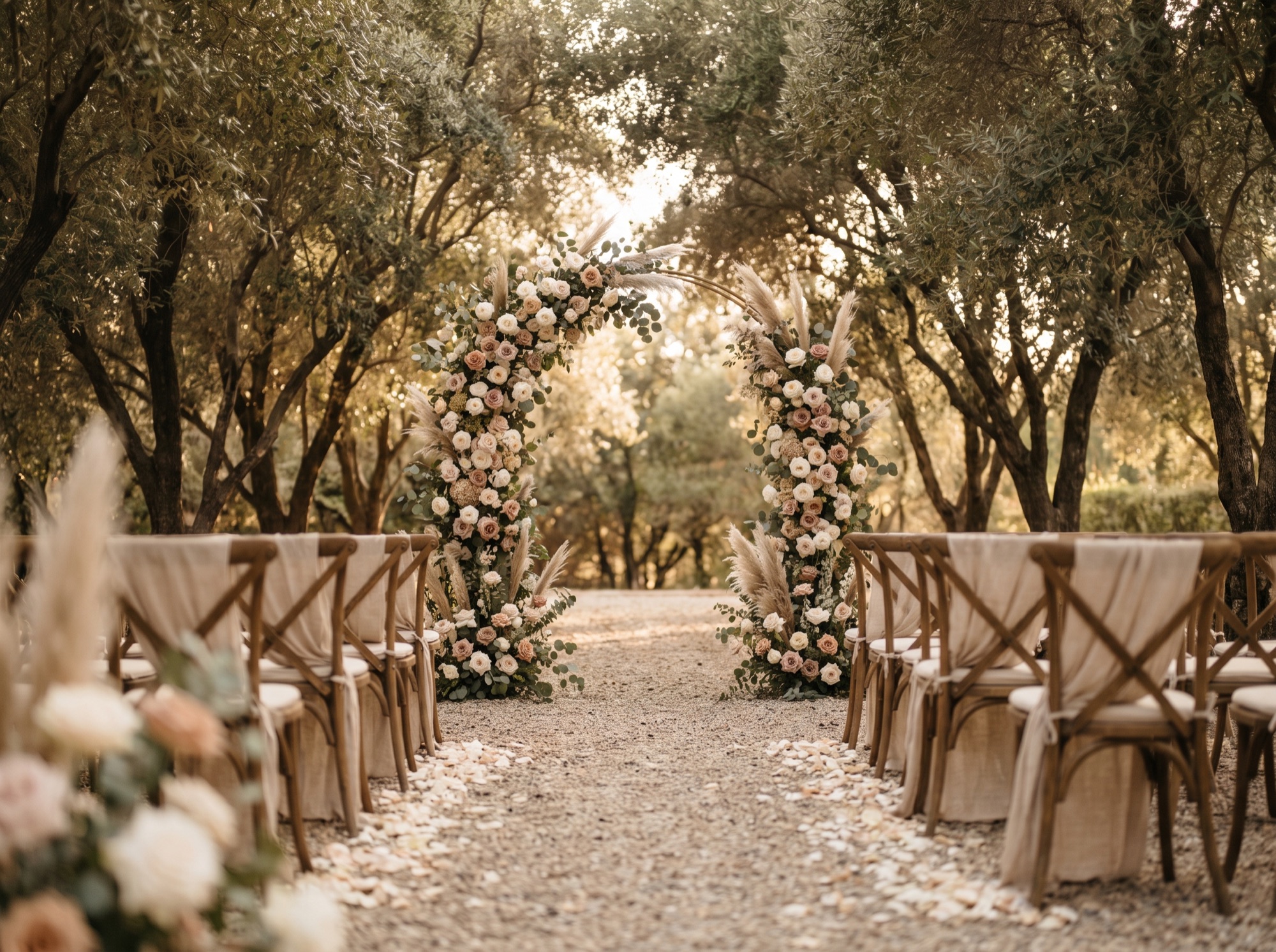 Elegant ceremony setup with soft florals in natural light
