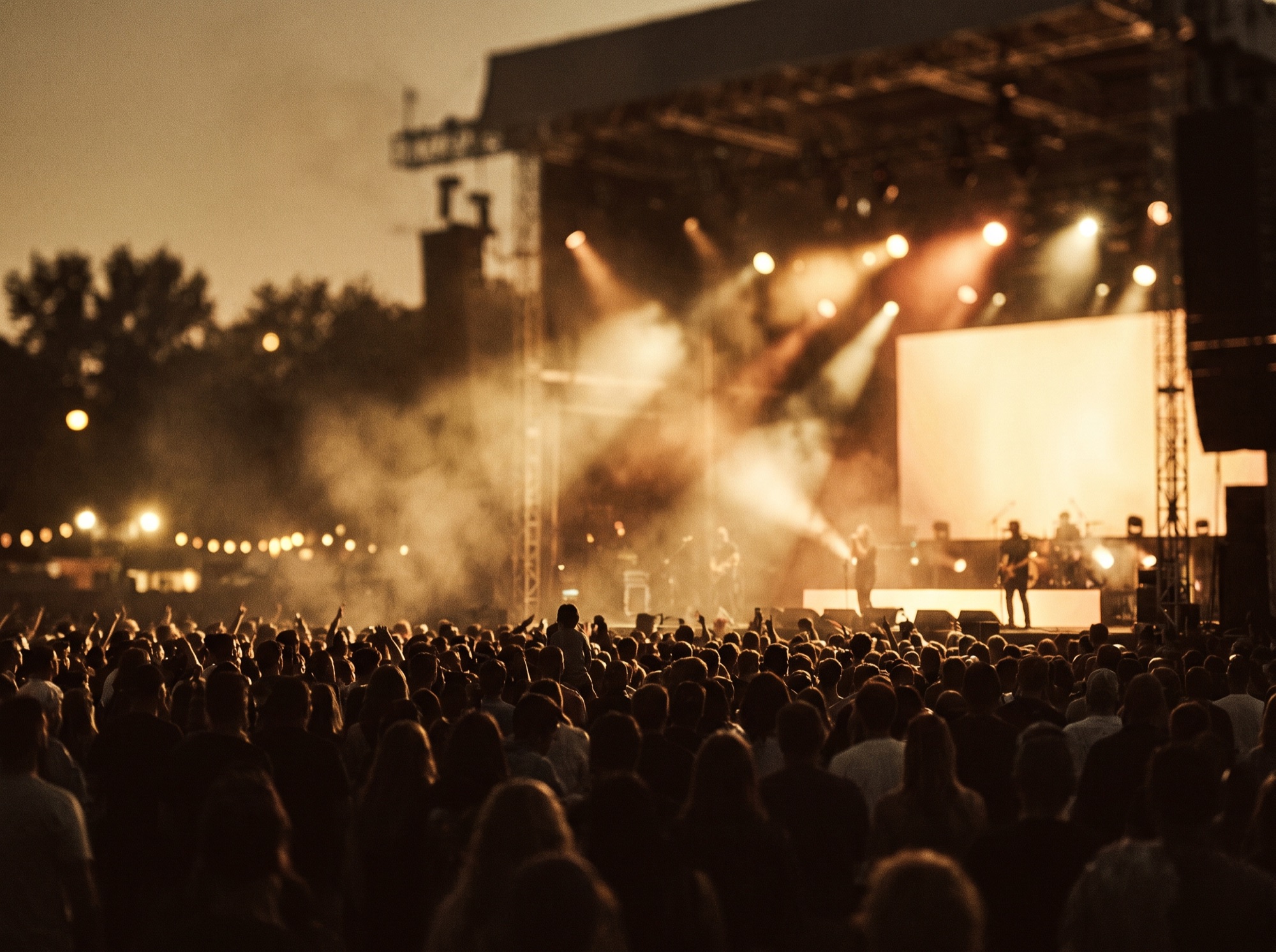 Live concert with warm stage lighting and a crowd in silhouette