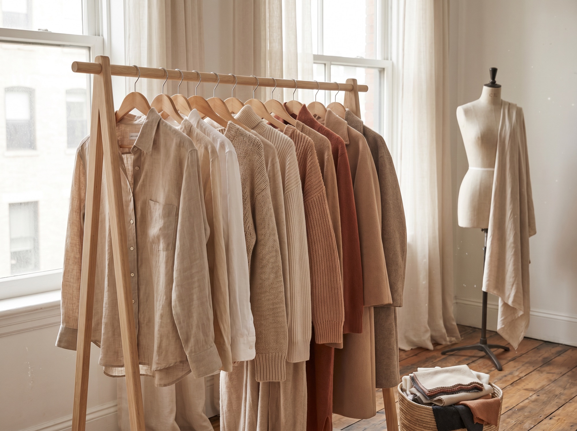 Fashion garment rail with curated clothing in a bright studio