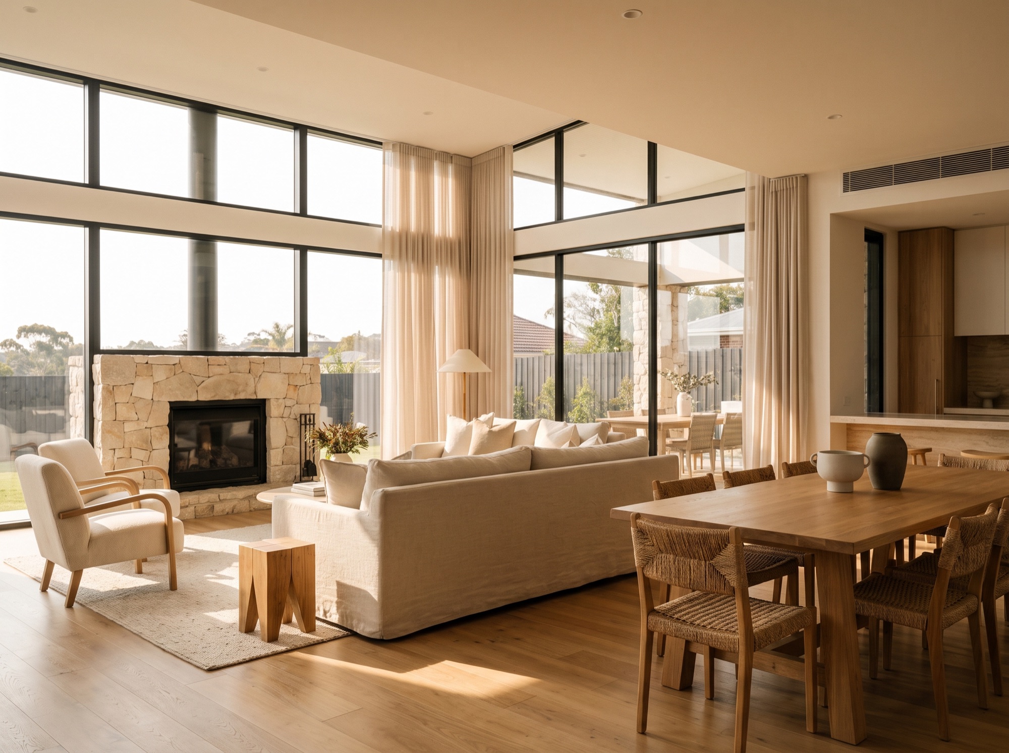 Elegant staged modern home interior with large windows