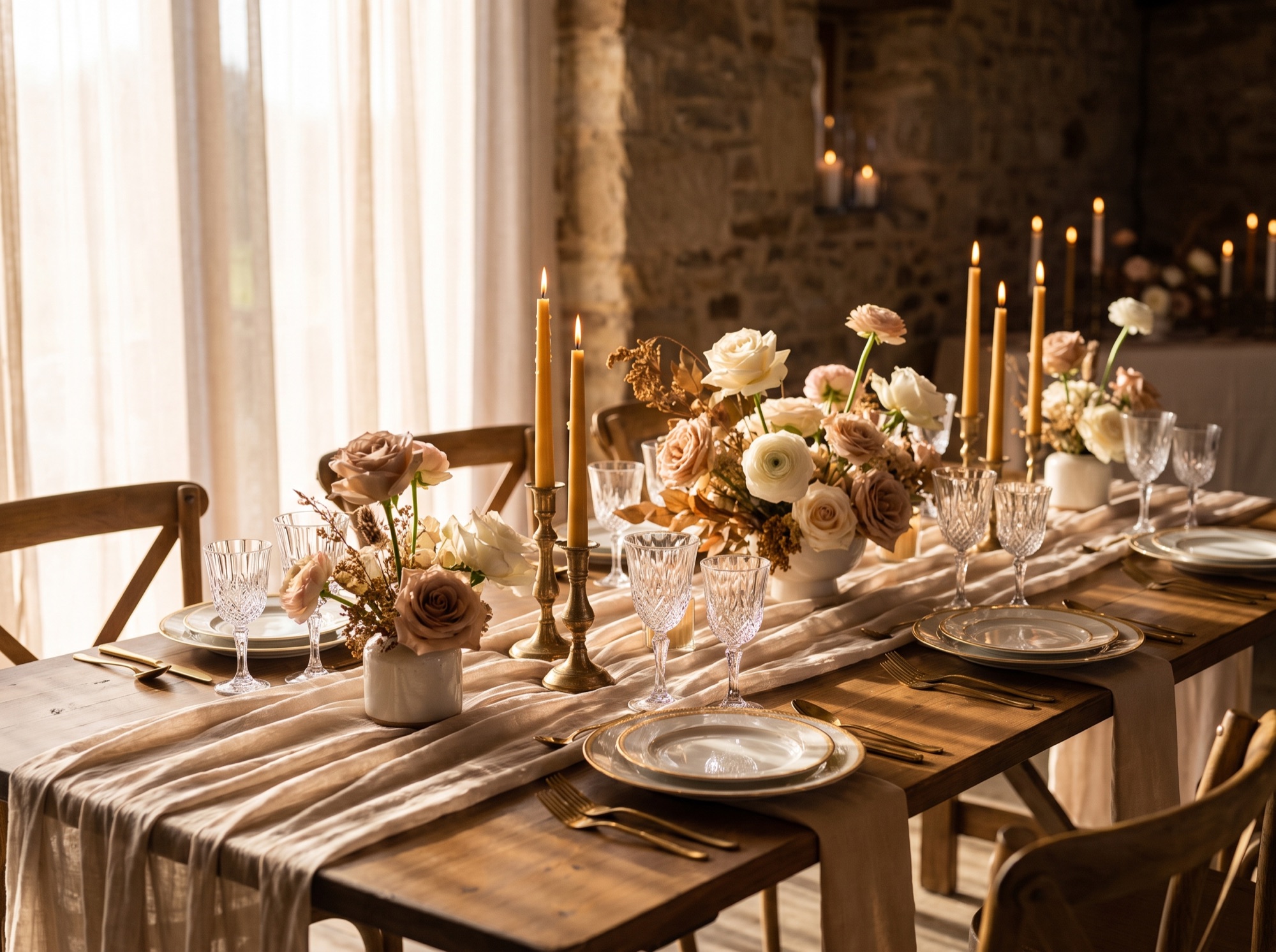 Romantic wedding table setting with florals in warm light