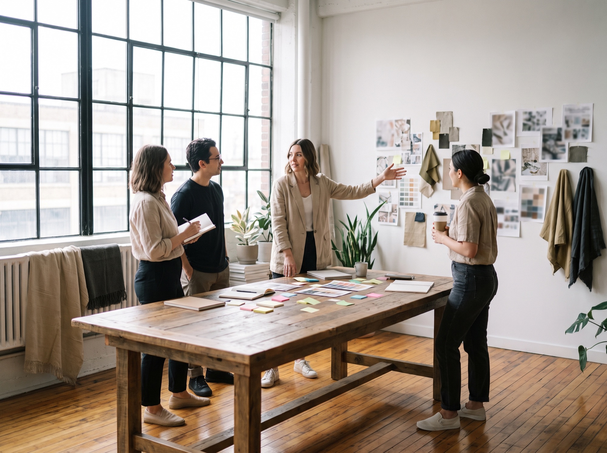 Creative team in a brand strategy session at a moodboard wall in a loft studio