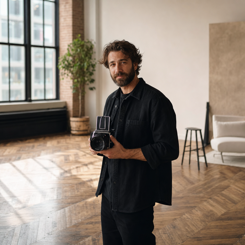 Photographer holding a medium-format camera in a natural-light loft studio