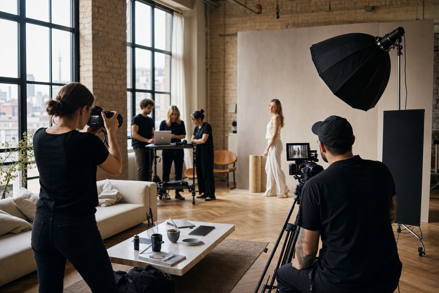 Creative production team at work in a natural-light loft studio