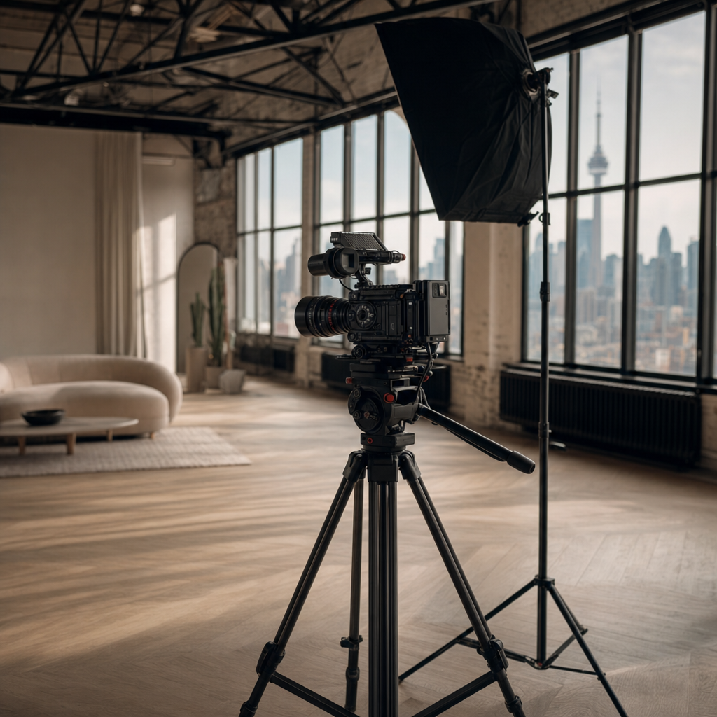 Cinema camera on a tripod with a softbox in a loft studio