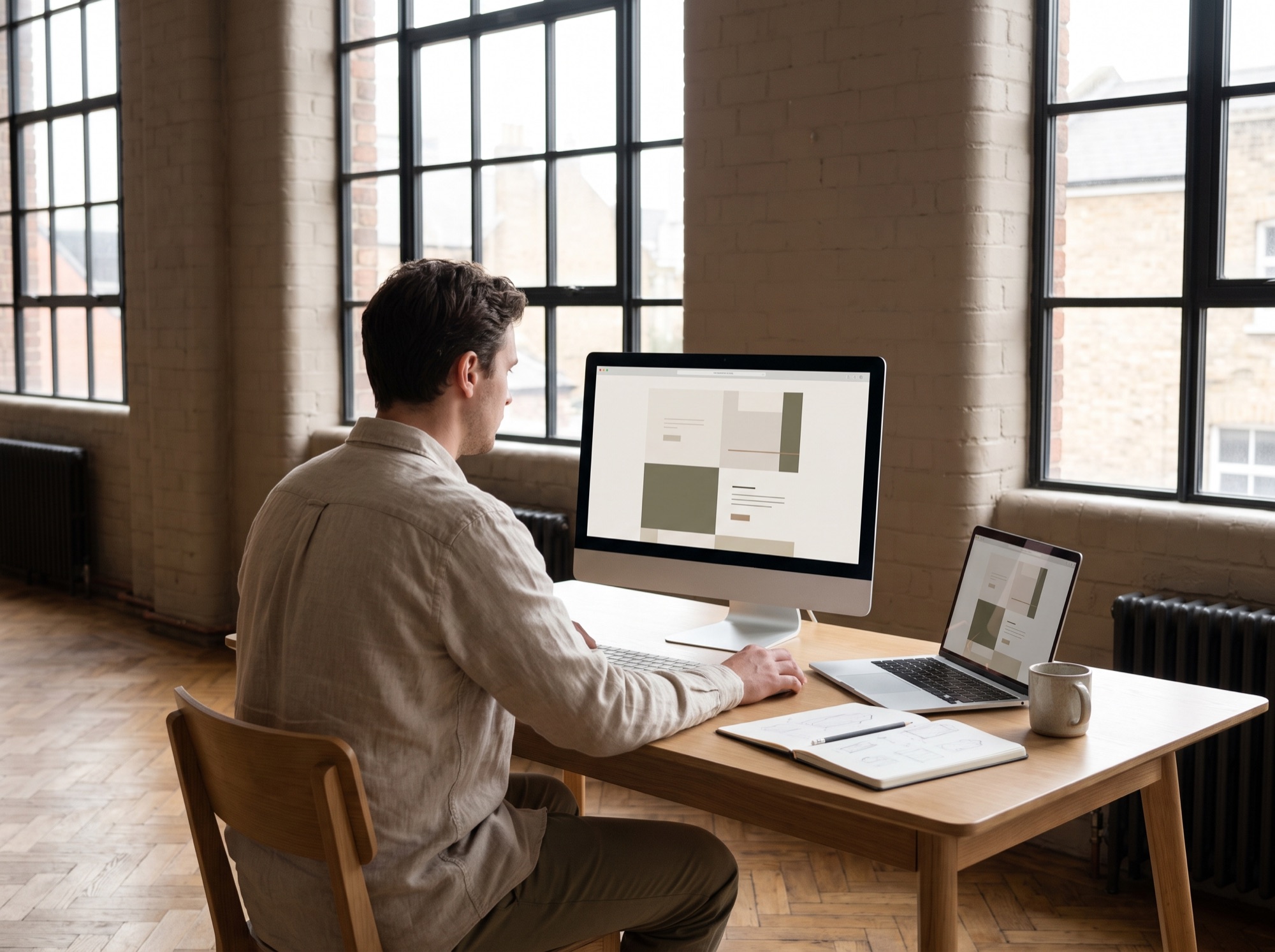 Designer building a website layout on a large monitor in a natural-light loft studio