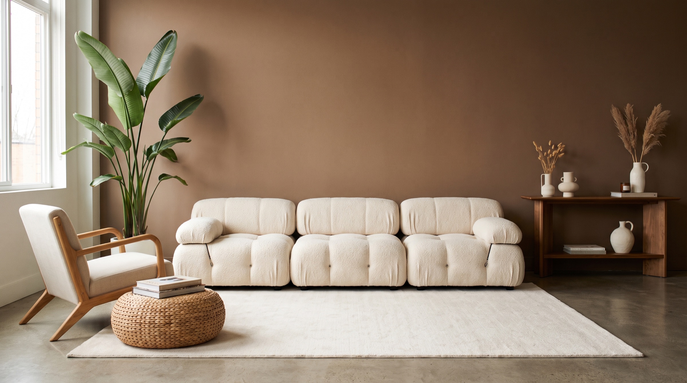 Warm creative-studio lounge set with a cream boucle sofa and mocha feature wall at Axon Room