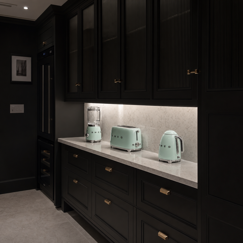 Black kitchen bar with marble counters and mint SMEG appliances