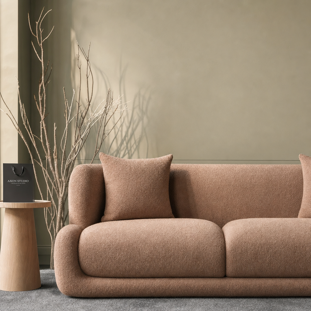 Terracotta boucle sofa vignette with dried branches