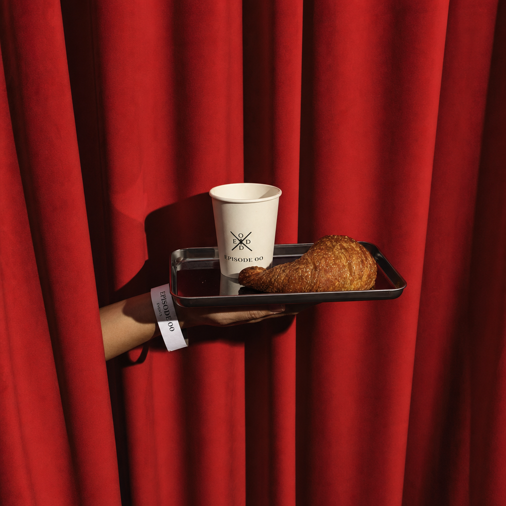 Coffee and croissant served through the velvet curtains