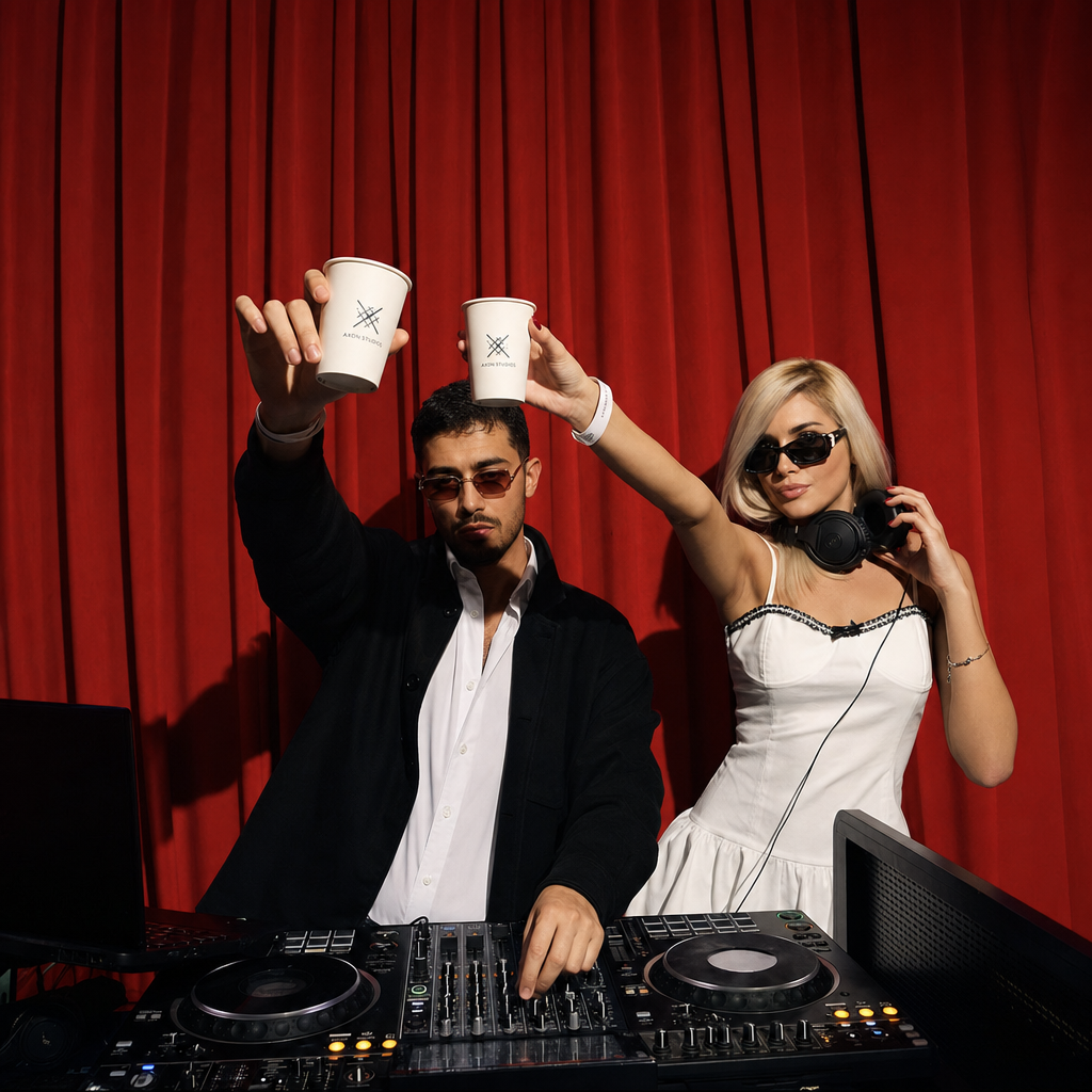 DJ duo toasting coffee cups at a Red Room event