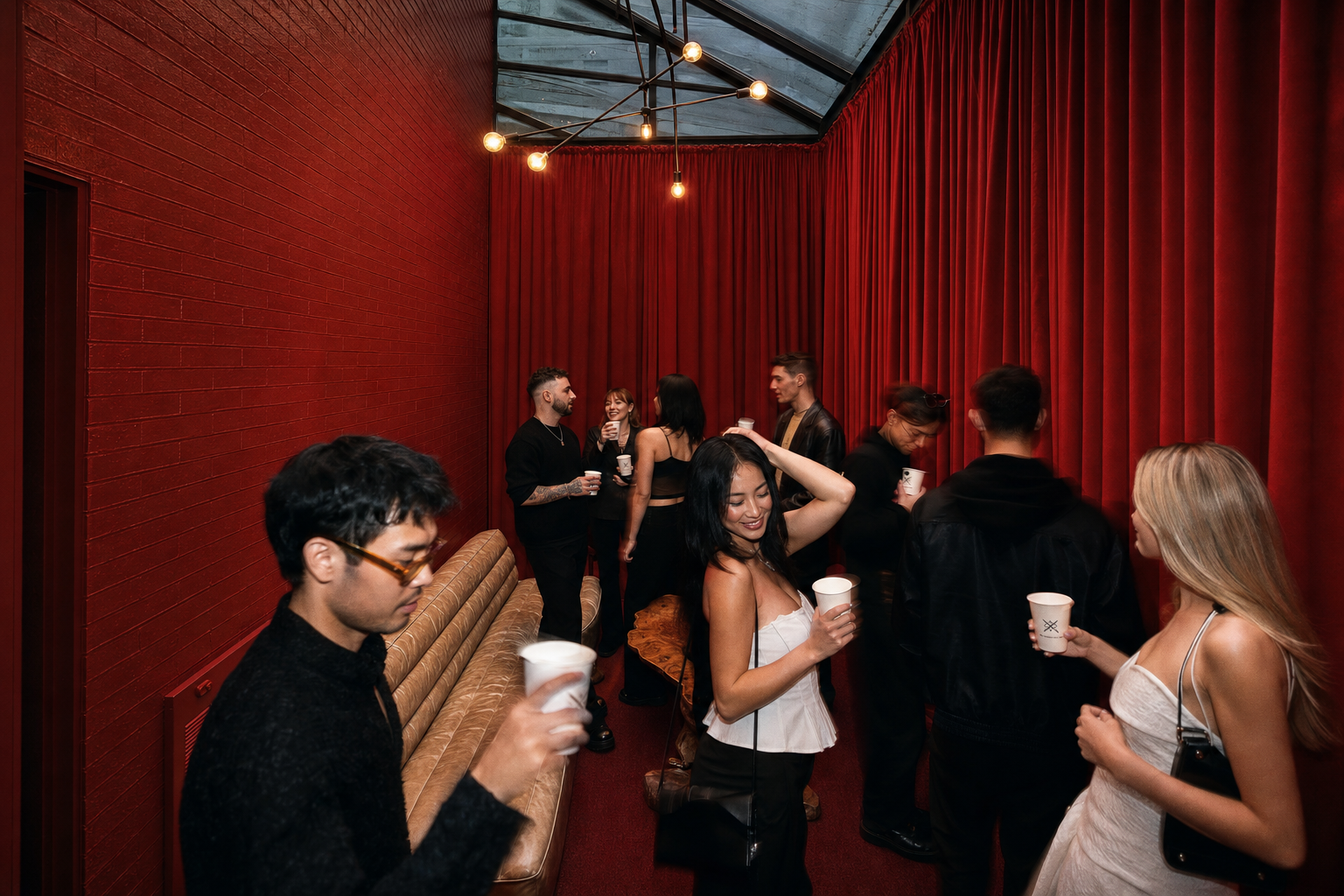 Guests mingling at an event night in the velvet room
