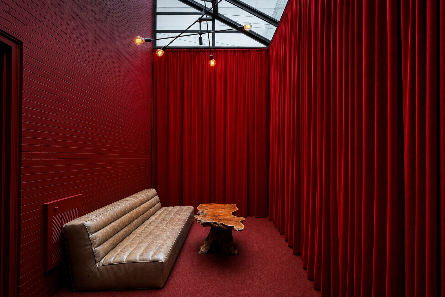 Red velvet room with a tan leather sofa beneath a glass skylight