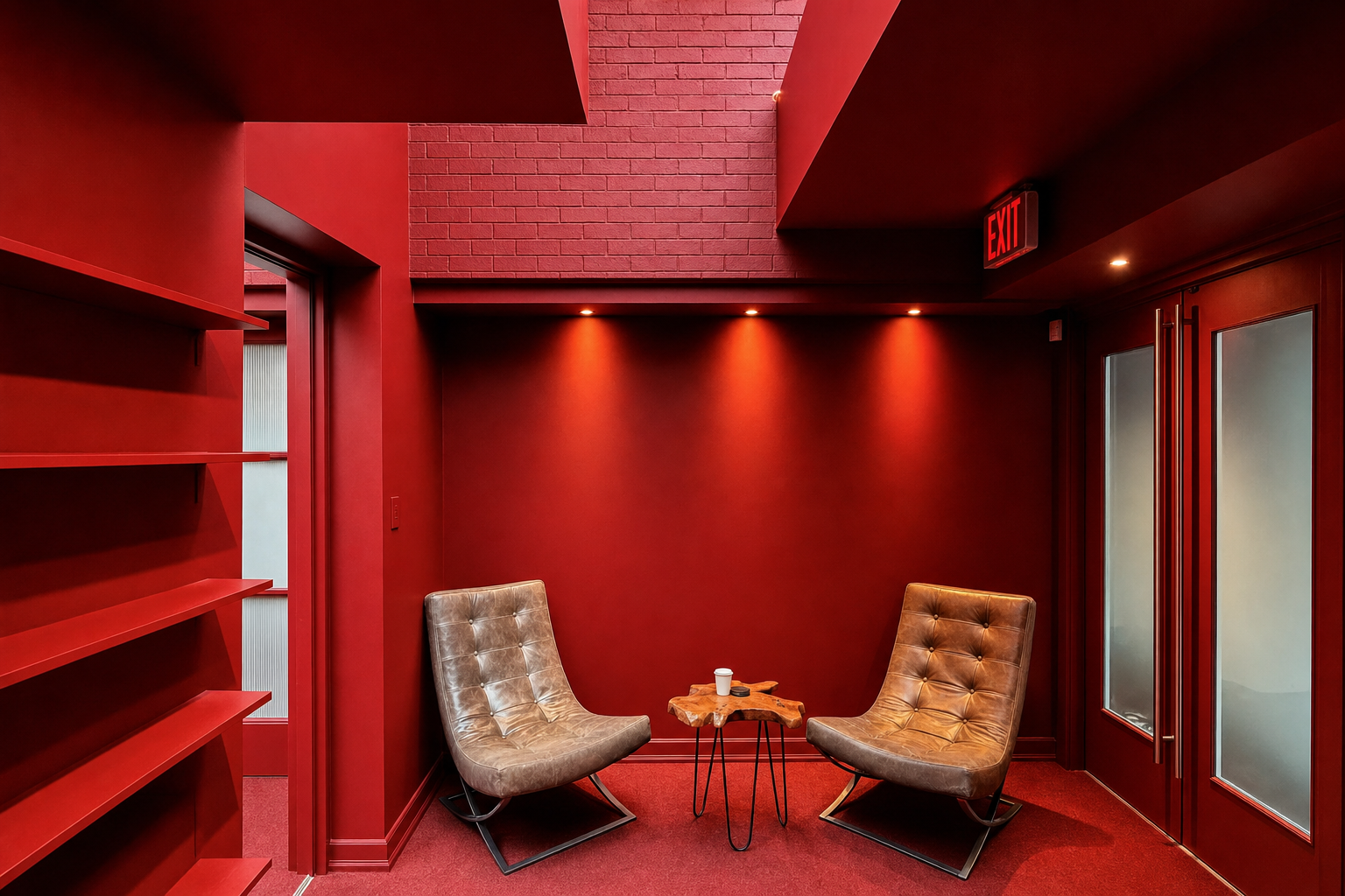 All-red lounge with vintage tufted leather chairs