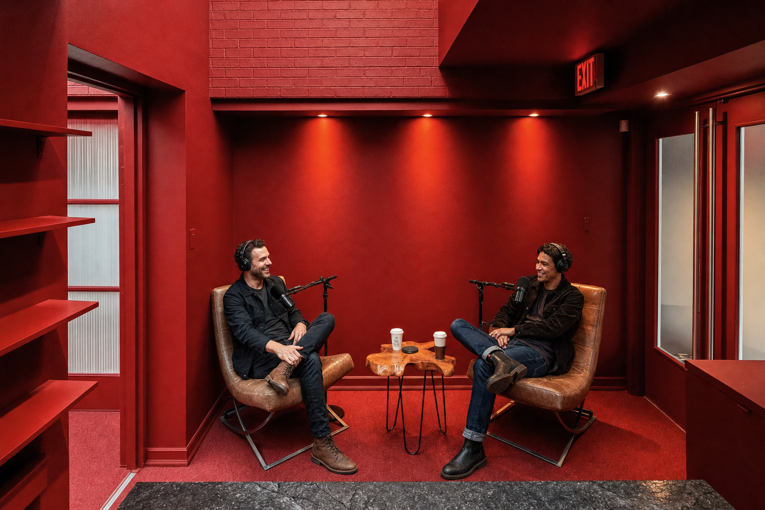 Two hosts recording a podcast in the red lounge