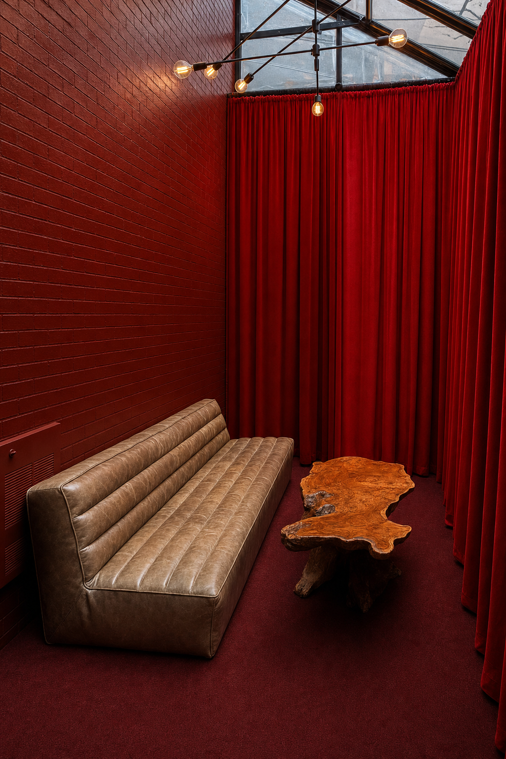Tan leather sofa under crimson velvet curtains and a skylight
